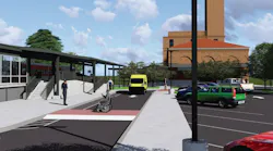 The image is a rendering of what the station exterior will look like, including accessibility upgrades.