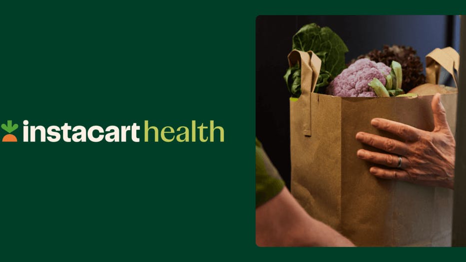 The image displays someone carrying a bag of groceries with an Instacart Health logo next to it.