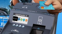 The image shows a rider tapping a payment card to a farebox. The image shows a rider tapping a payment card to a farebox.