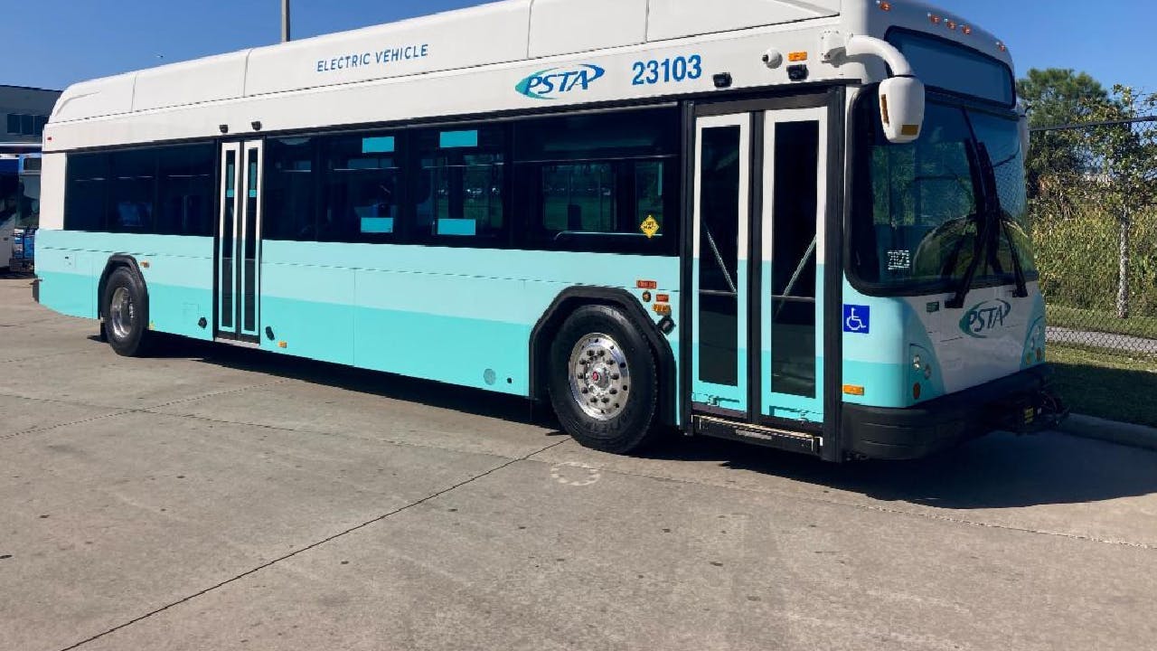 A Pinellas Suncoast Transit Authority electric bus in 2023.