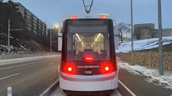 A KC Streetcar moves down the tracks.