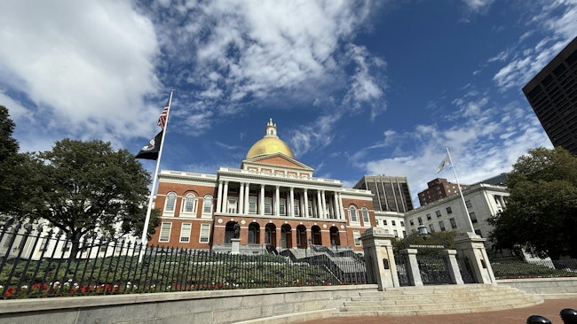 A wide shot of the Massachusetts State House.