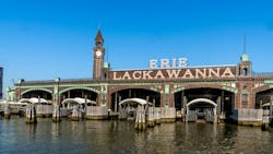 Landscape exterior view of the ferry slips of the Beaux-Arts style Hoboken Terminal, built it in 1907 by architect Kenneth M. Murchison. Landscape exterior view of the ferry slips of the Beaux-Arts style Hoboken Terminal, built it in 1907 by architect Kenneth M. Murchison.