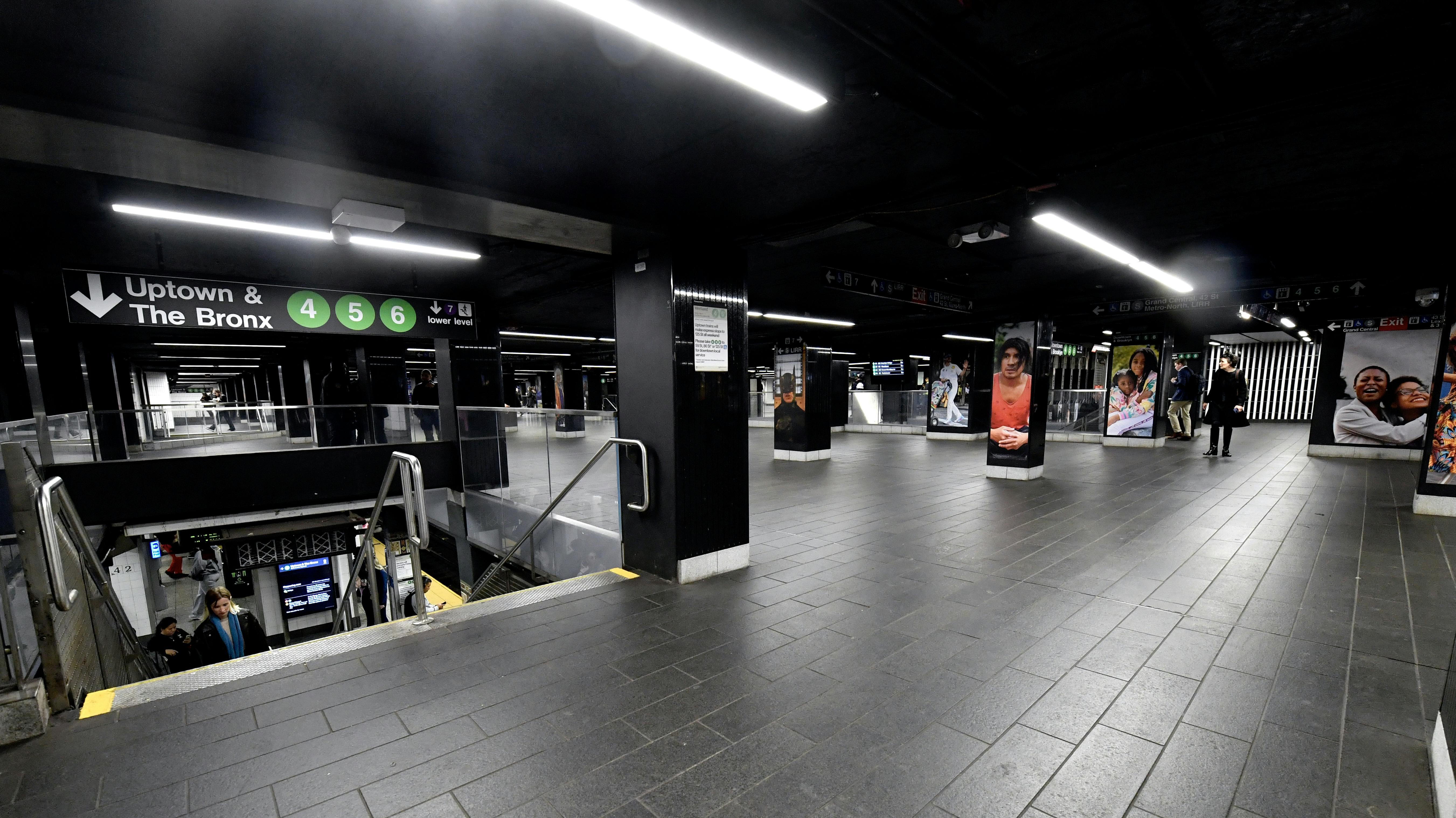 A wide shot of the new station at one of the staircases decending to the uptown 4, 5 and 6 platform.