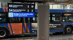 The image shows the Connectpoint LED sign displaying TriMet bus arrival information.
