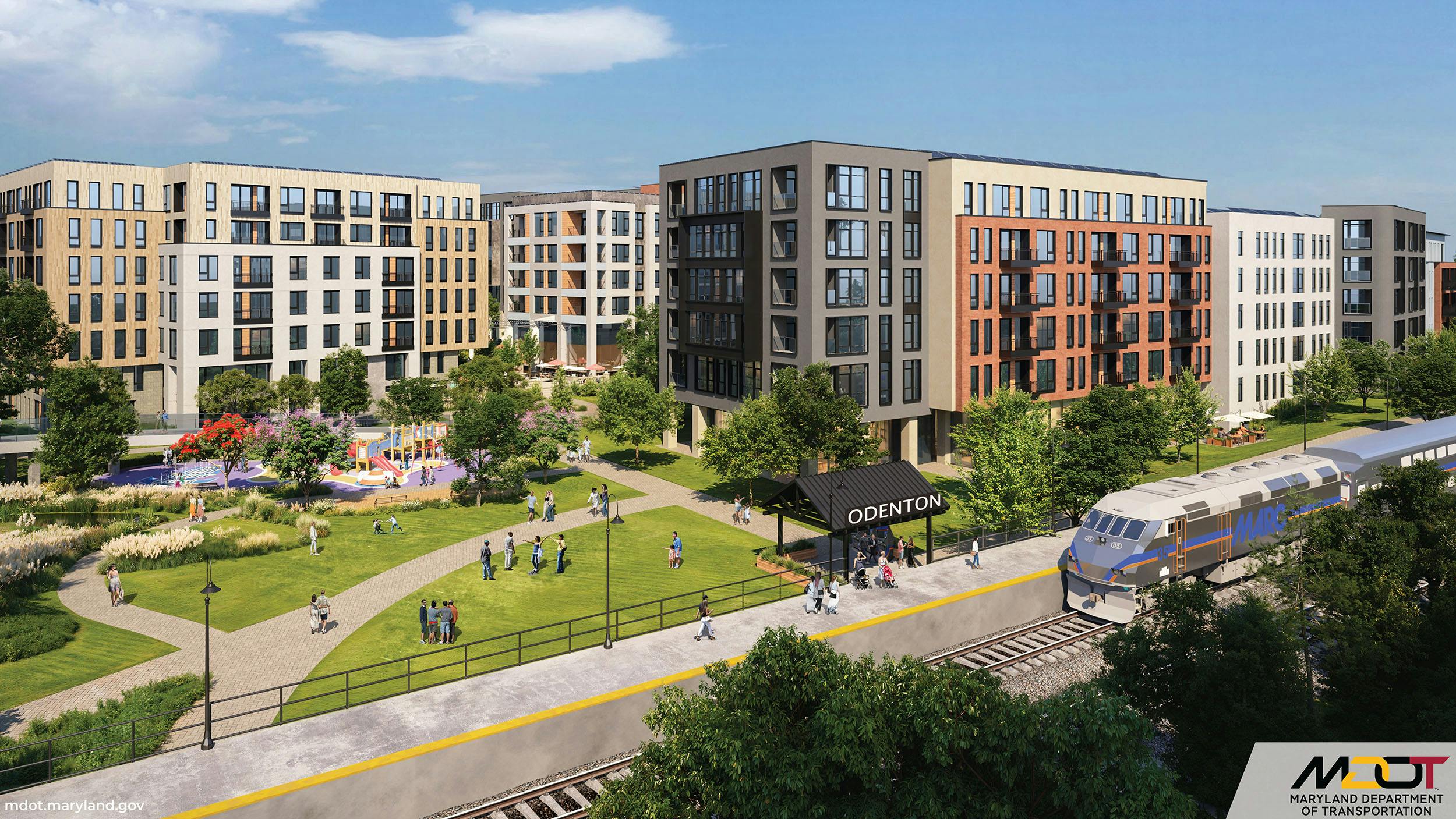 The image displays a rendering of the transit-oriented development.