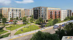 The image displays a rendering of the transit-oriented development.