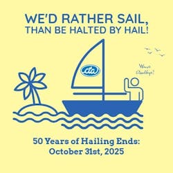 The logo is of an animated sail boat with a passenger waving. It reads 'We'd rather sail, than be halted by hail. 50 Years of Hailing Ends Oct. 31st, 2025.' The logo is of an animated sail boat with a passenger waving. It reads 'We'd rather sail, than be halted by hail. 50 Years of Hailing Ends Oct. 31st, 2025.'