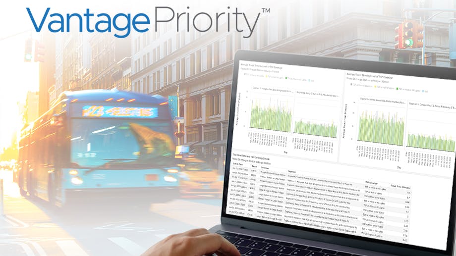 A person works on a computer with the VantagePriority software.