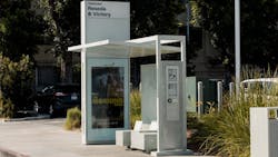 The image displays a Tolar bus shelter erected in Los Angeles. The image displays a Tolar bus shelter erected in Los Angeles.