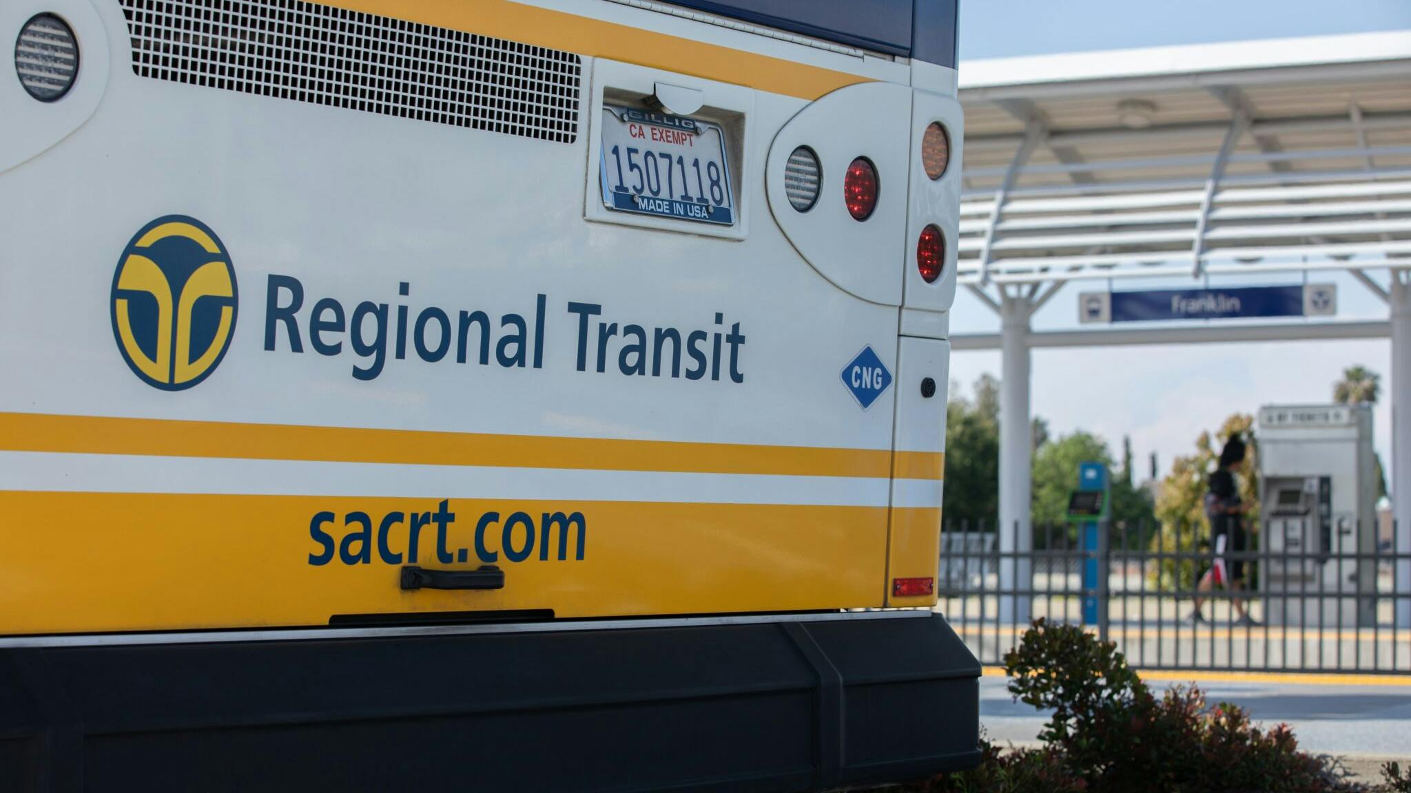 The back of a Sacramento Regional Transit District compressed natural gas bus.
