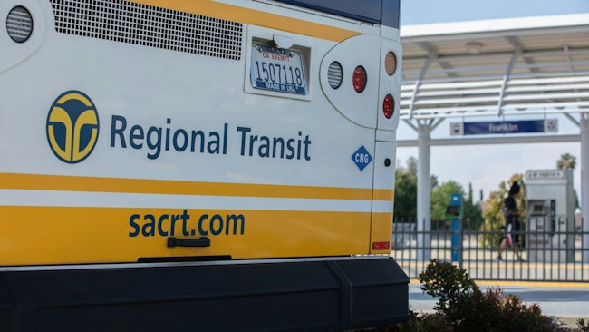 The back of a Sacramento Regional Transit District compressed natural gas bus.