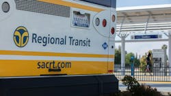 The back of a Sacramento Regional Transit District compressed natural gas bus. The back of a Sacramento Regional Transit District compressed natural gas bus.