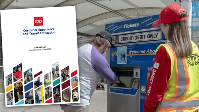 A Denver RTD employee aids a passenger at a ticket vending machine with a screenshot of the plan cover overlaid over the passenger's shoulder..