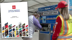 A Denver RTD employee aids a passenger at a ticket vending machine with a screenshot of the plan cover overlaid over the passenger's shoulder..