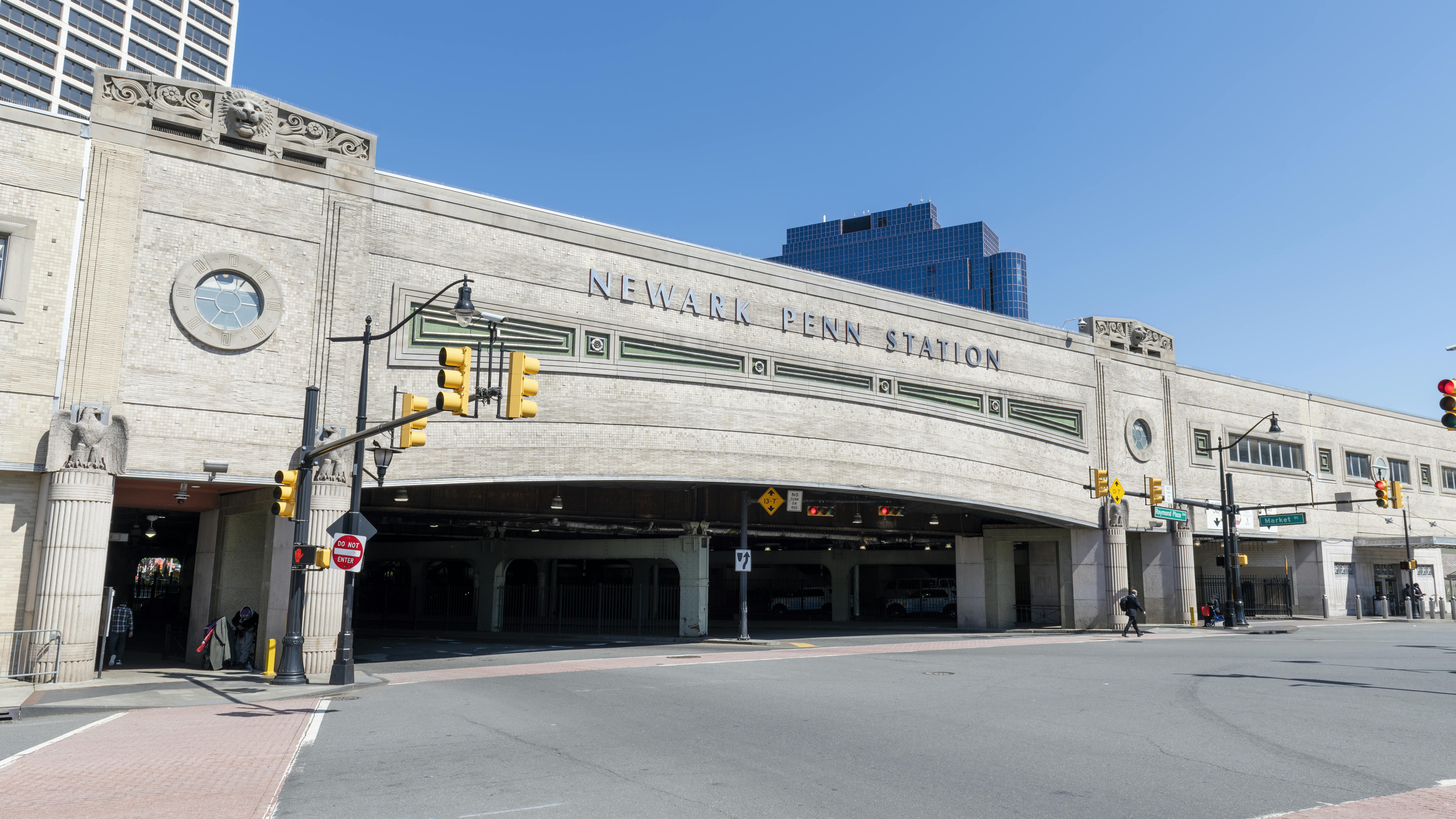 A wide shot of Newark Penn Station's street entrance.