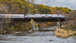 An Amtrak train moves down the Lake Shore Limited Line. An Amtrak train moves down the Lake Shore Limited Line.