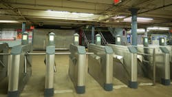The image shows PATH turnstiles. The image shows PATH turnstiles.