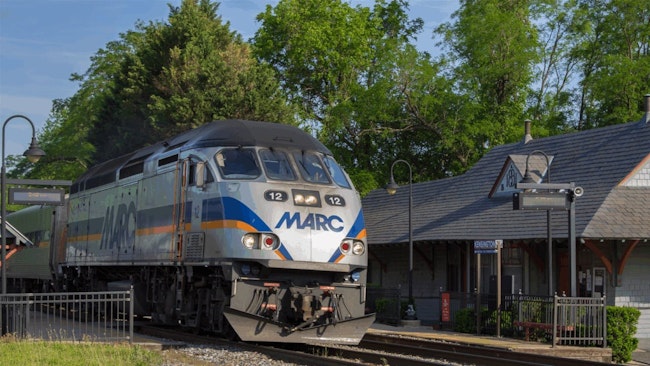 A MARC train moves down the track.
