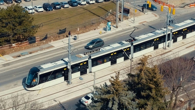 An Alstom Citadis light-rail vehicle on the Line 6 Finch West Light Rail Transit.