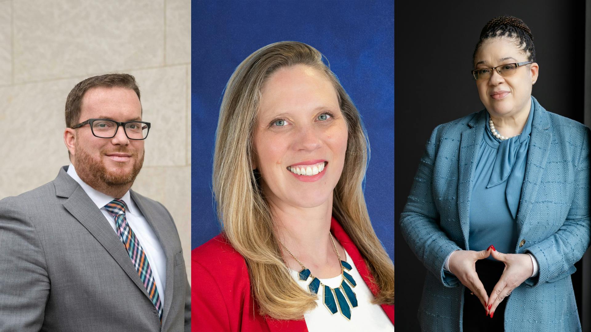 The image displays three layered headshots of Nick Donohue (left), Katie Choe (center) and Alicia Walker (right).