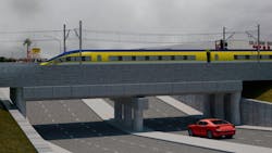 The image displays a rendering of a future grade crossing. The image displays a rendering of a future grade crossing.