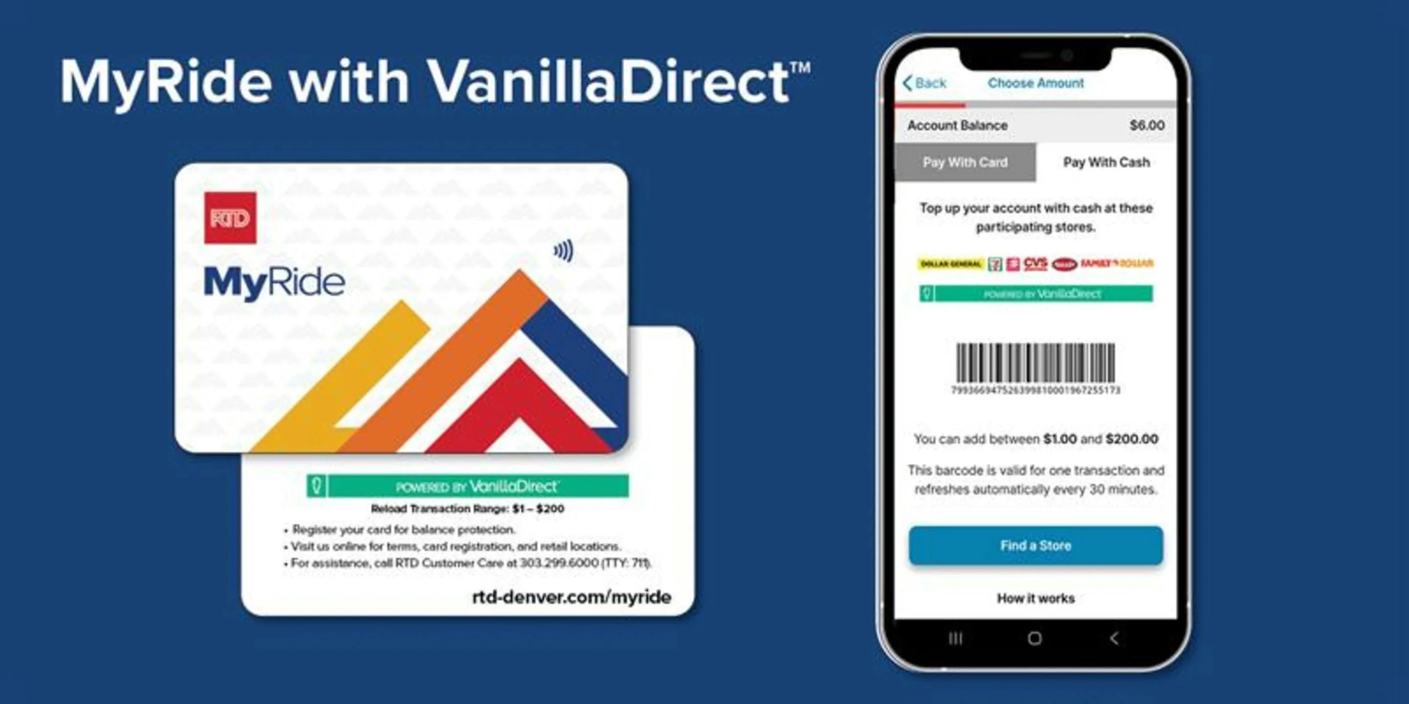 The image shows a graphic of the new VanillaDirect card and the updated MyRide app with a VanillaDirect barcode.