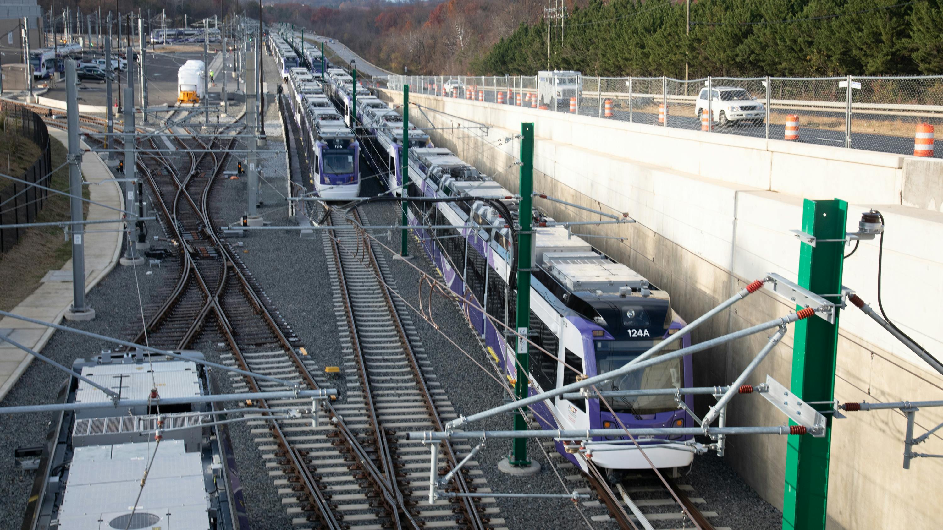 The image shows the light-rail vehicles that have been procured for the Purple Line.