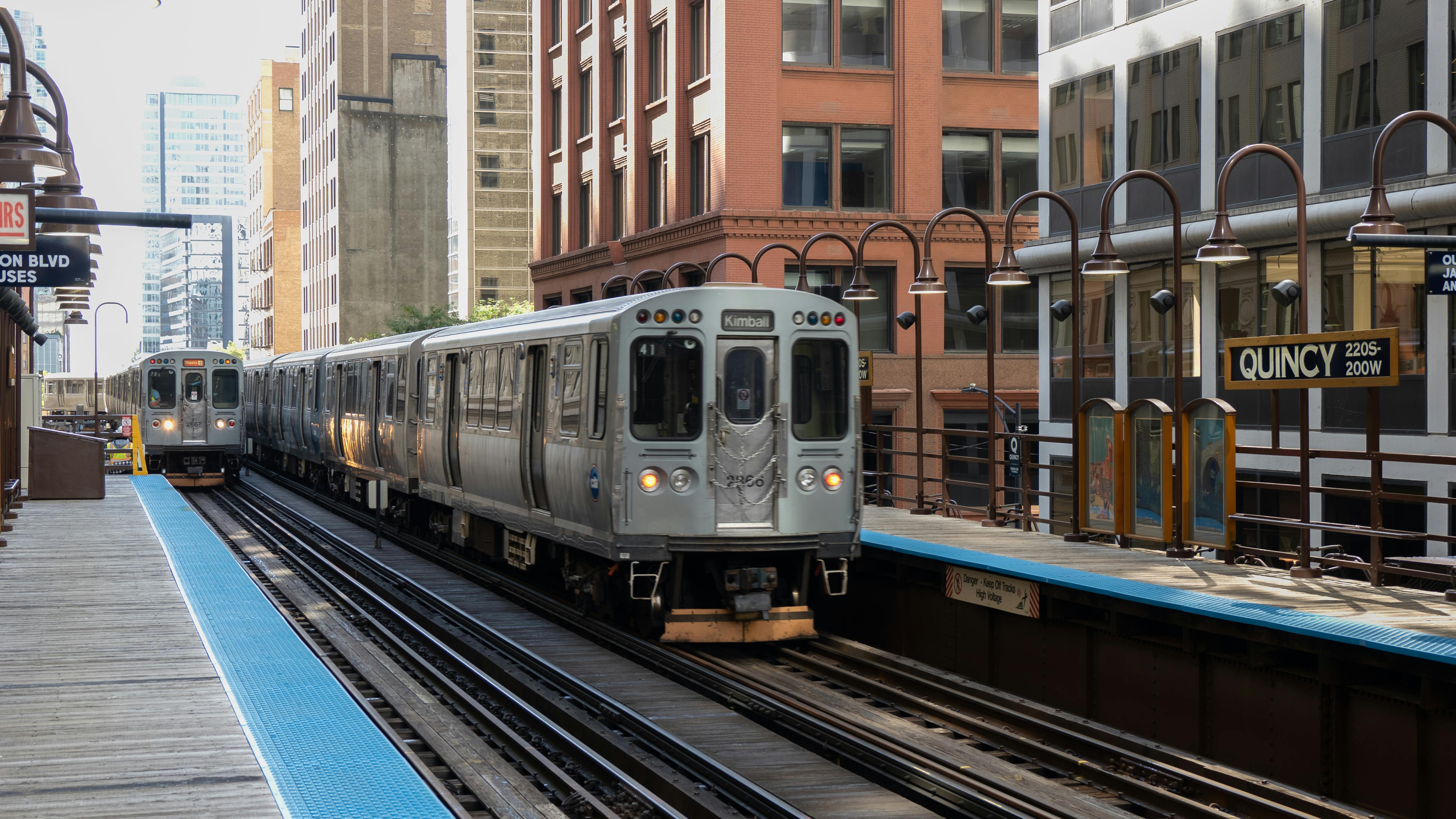 A CTA train moves down the track.