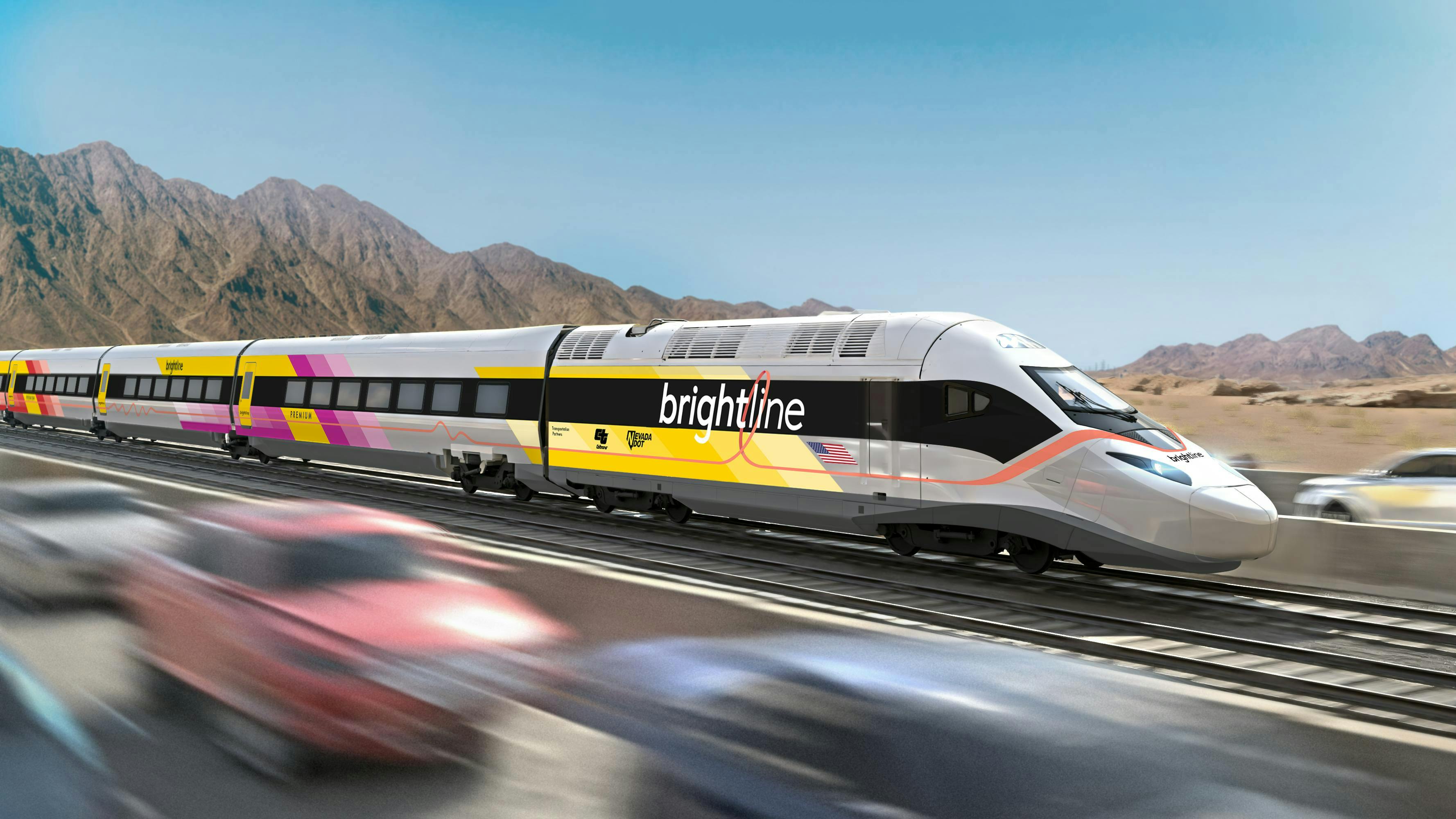 rendering of brightline west train runs on tracks