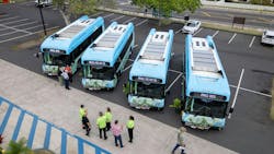 The county of Maui, Hawaii, has begun passenger service for four new all-electric transit buses. The county of Maui, Hawaii, has begun passenger service for four new all-electric transit buses.