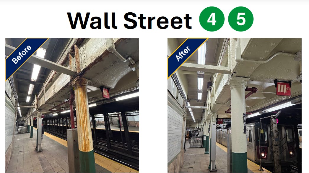 The image shows a before and after of lighting upgrades made at the Wall Street 4 and 5 Lines station.