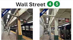 The image shows a before and after of lighting upgrades made at the Wall Street 4 and 5 Lines station.