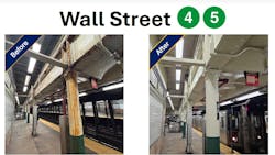 The image shows a before and after of lighting upgrades made at the Wall Street 4 and 5 Lines station. The image shows a before and after of lighting upgrades made at the Wall Street 4 and 5 Lines station.