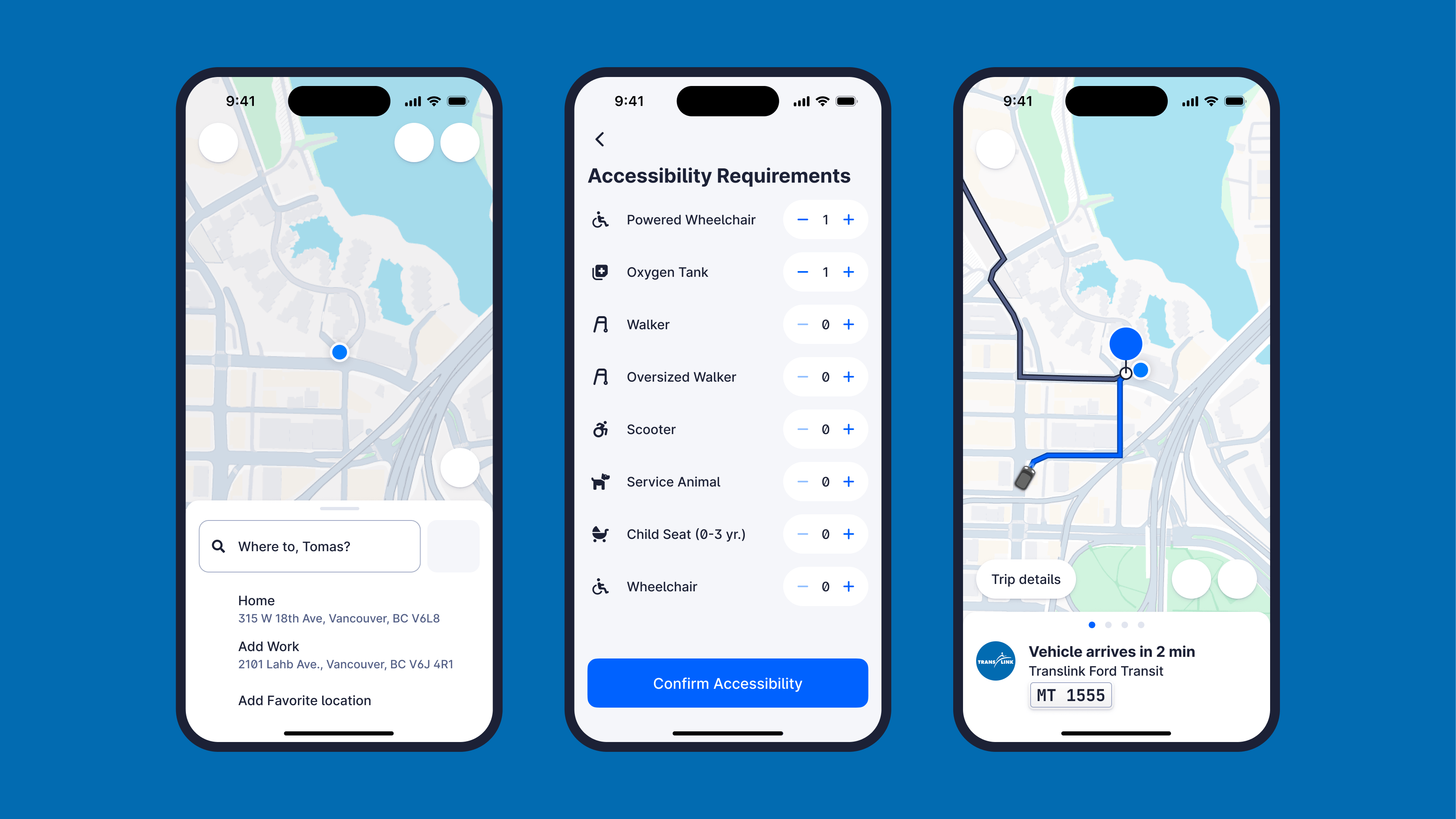 The image displays app renders of booking, planning and tracking a trip on three iPhones.