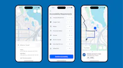 The image displays app renders of booking, planning and tracking a trip on three iPhones.