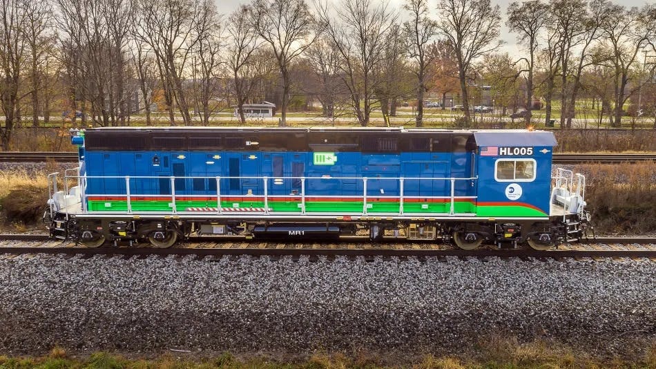 A R255 hybrid battery-diesel work locomotive.