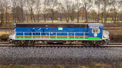 A R255 hybrid battery-diesel work locomotive.