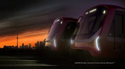 The image shows a rendering of the new Alstom train sets. The image shows a rendering of the new Alstom train sets.