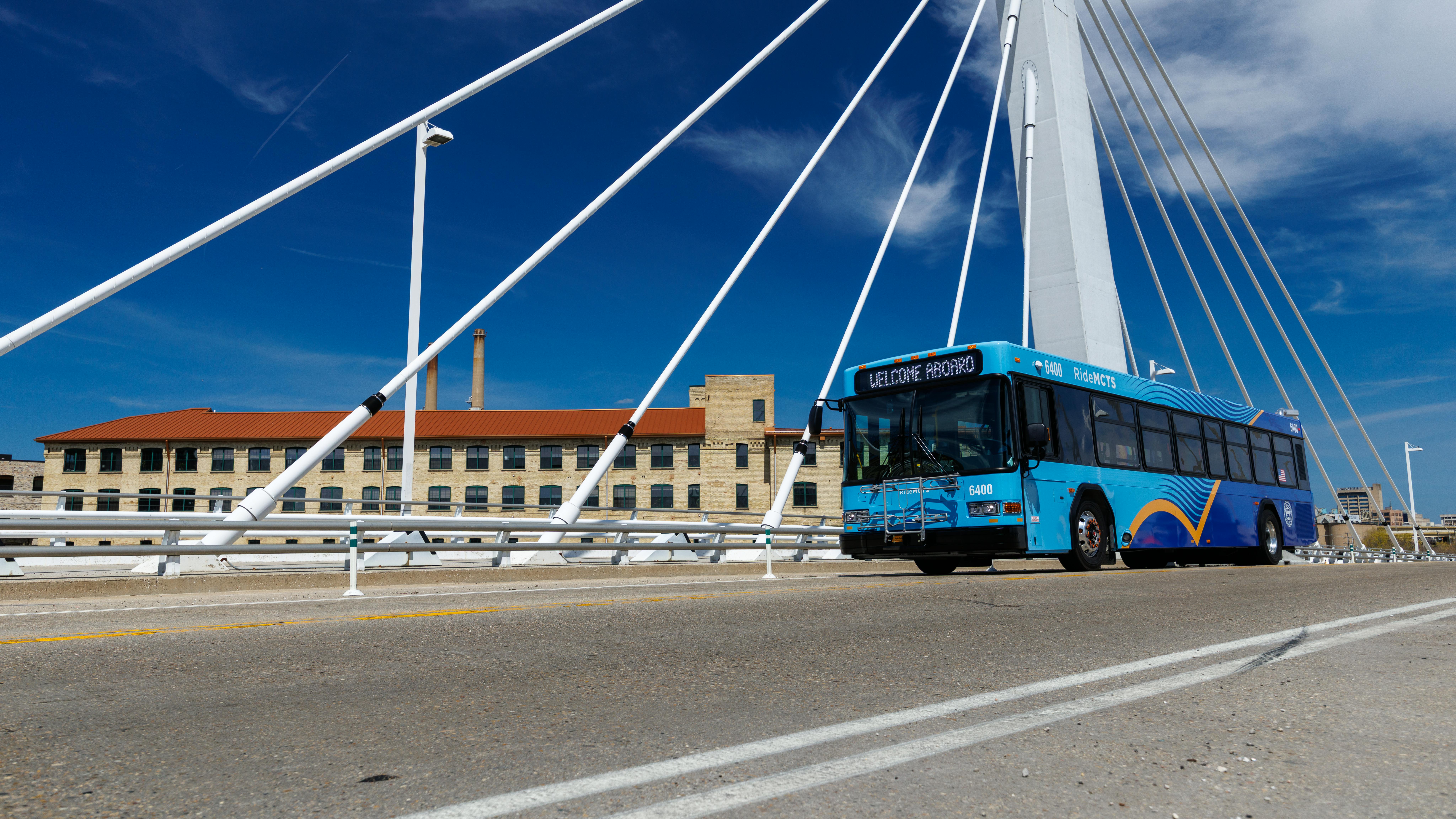 An MCTS bus crosses a bridge.