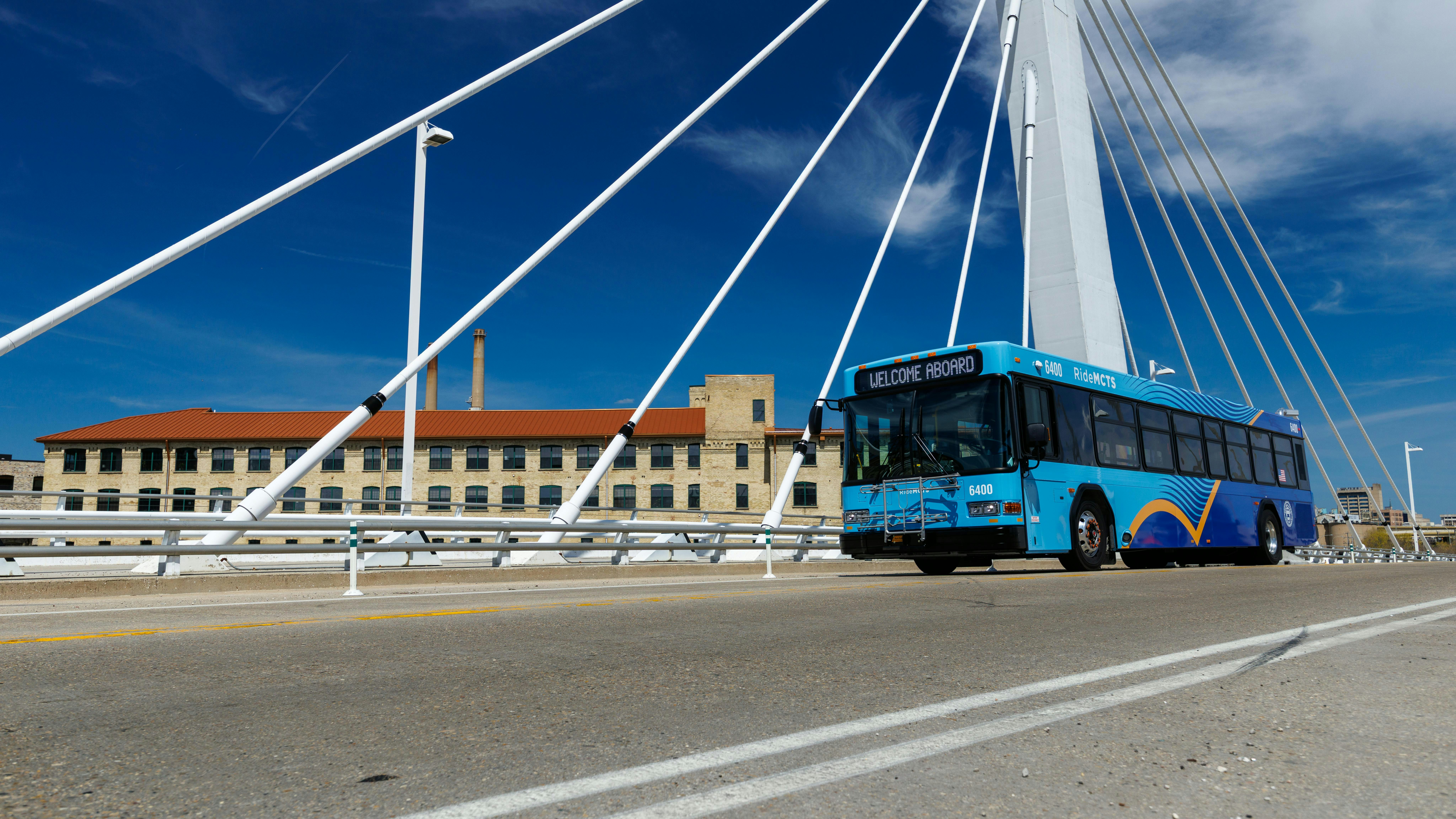 An MCTS bus crosses a bridge.