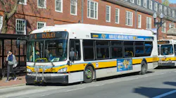 A Massachusetts Bay Transportation Authority bus in Cambridge, Mass.