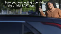 A passenger waves at her ridershare driver as she approaches the car. The image reads 'Book your connecting Uber ride in the official BART app.'