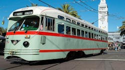 A San Francisco Municipal Transportation Agency heritage Muni train. A San Francisco Municipal Transportation Agency heritage Muni train.