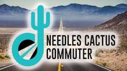 The image shows the Needles Cactus Commuter program logo overlaid on an image of the desert. The image shows the Needles Cactus Commuter program logo overlaid on an image of the desert.