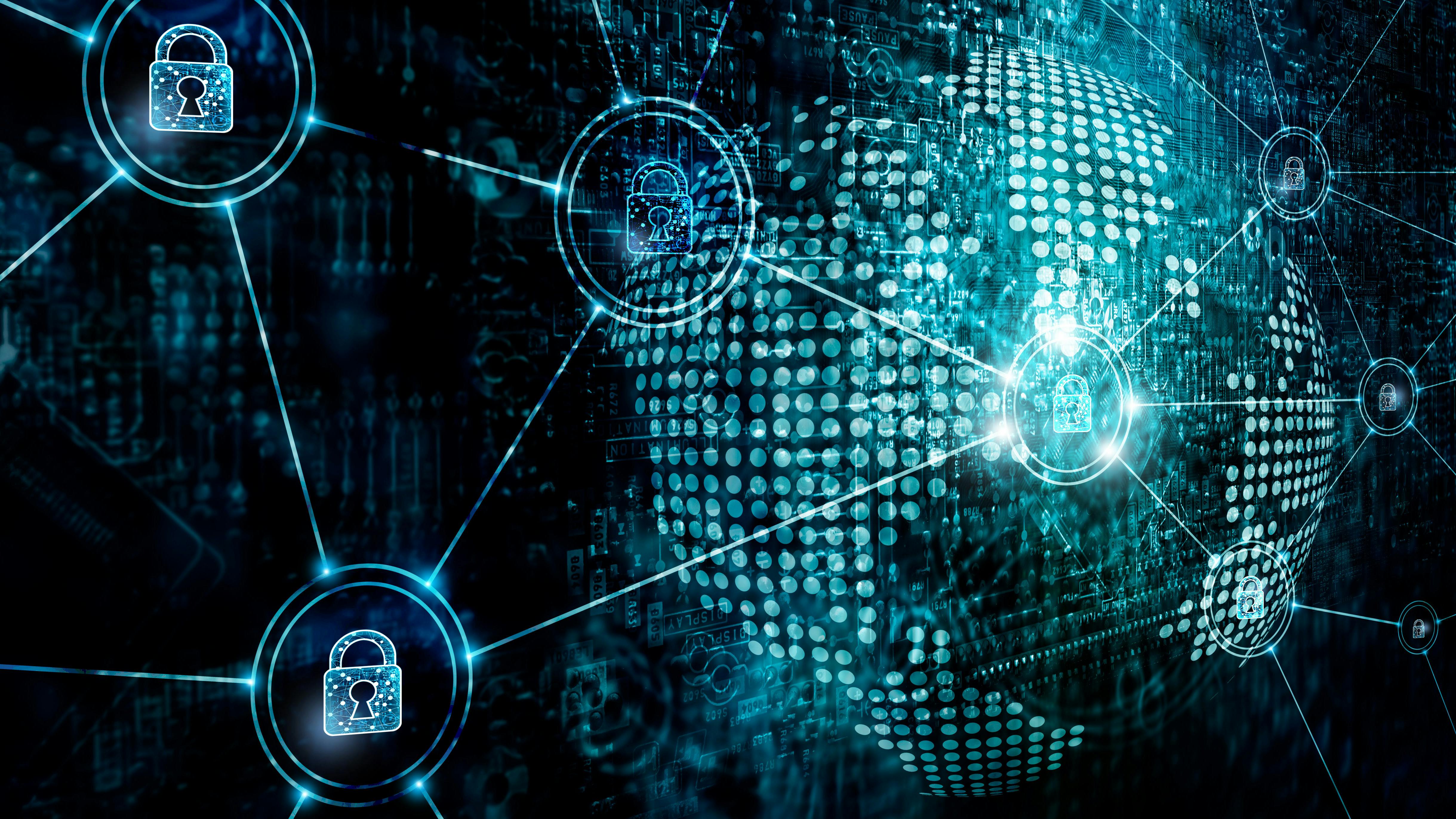 The image shows an animation of a line-art globe with locks positioned around it.