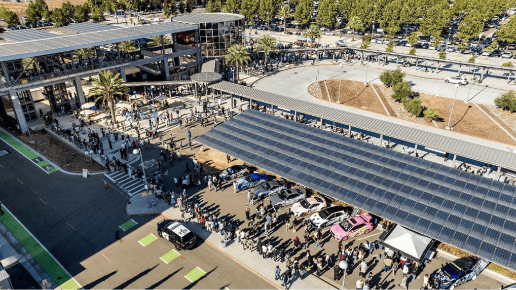 Solar panels on the roof and in parking lot of Warm Springs / South Fremont Station.