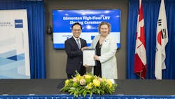 A leader from each the city of Edmonton and HRC hold up the newly signed contract in front of an event marquee. A leader from each the city of Edmonton and HRC hold up the newly signed contract in front of an event marquee.