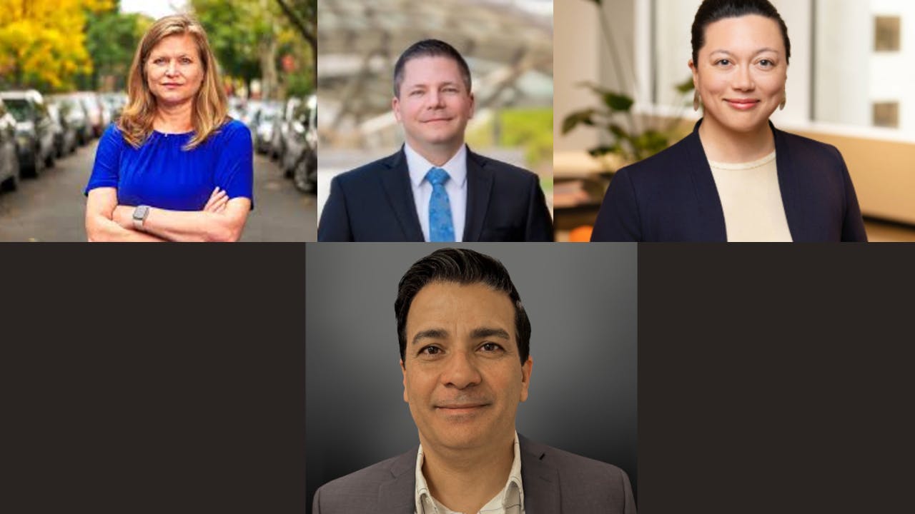 Kathryn Garcia (top left), Allan Fye (top middle), Anna Harvey (top right) and Baker Alloush (bottom). Not pictured: Jean Roehrenbeck.