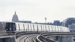 A 7000-series rail set moves down the track. A 7000-series rail set moves down the track.